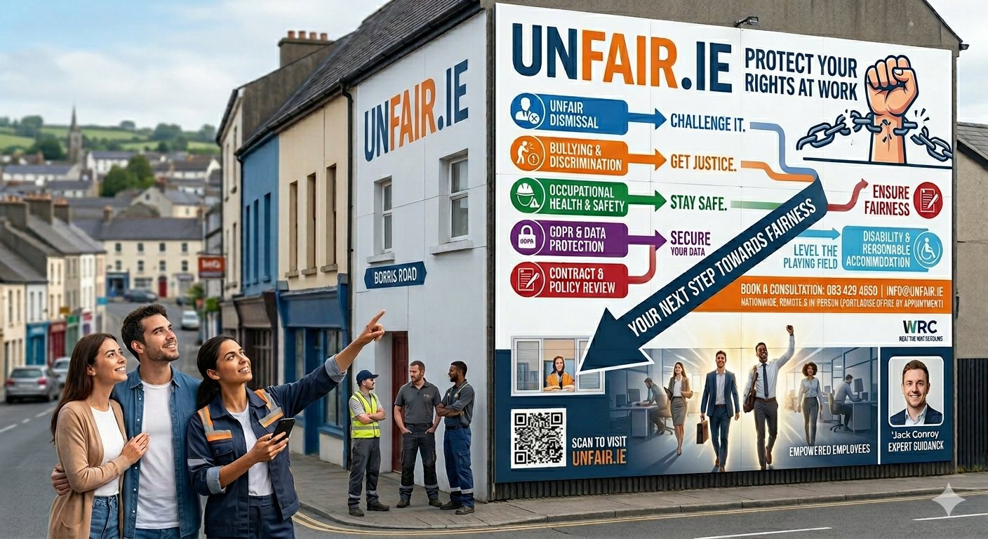 People stand outside a building with a large UNFAIR.ie billboard about workplace rights and fairness.