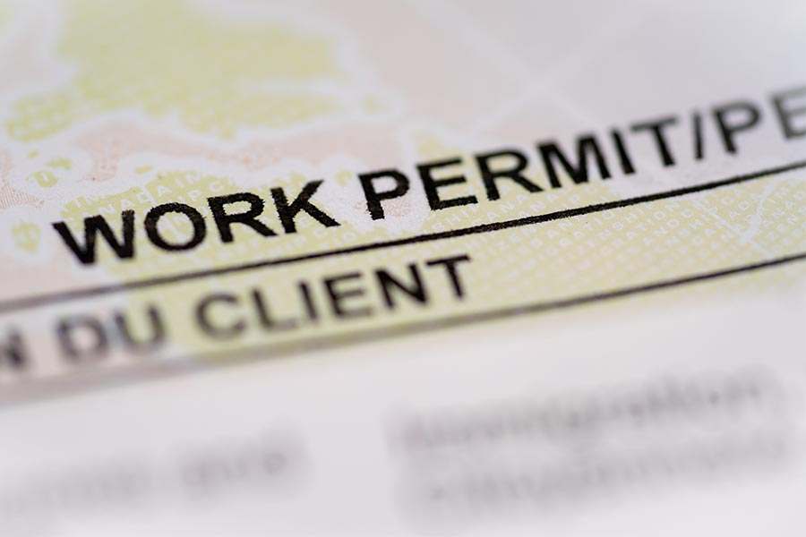 Close-up of a form stamp reading “WORK PERMIT” and “DU CIENT” on a document.