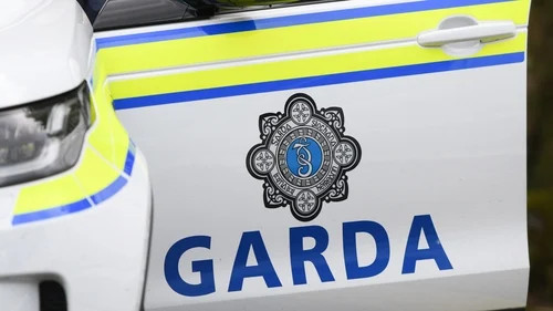 Close-up of a white vehicle door with blue “GARDA” lettering and an ornate emblem.
