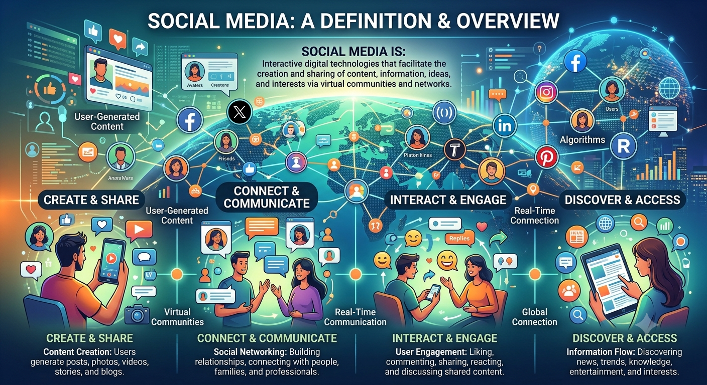 Colorful social media infographic with icons, globe network, platform logos, and people communicating across sections.