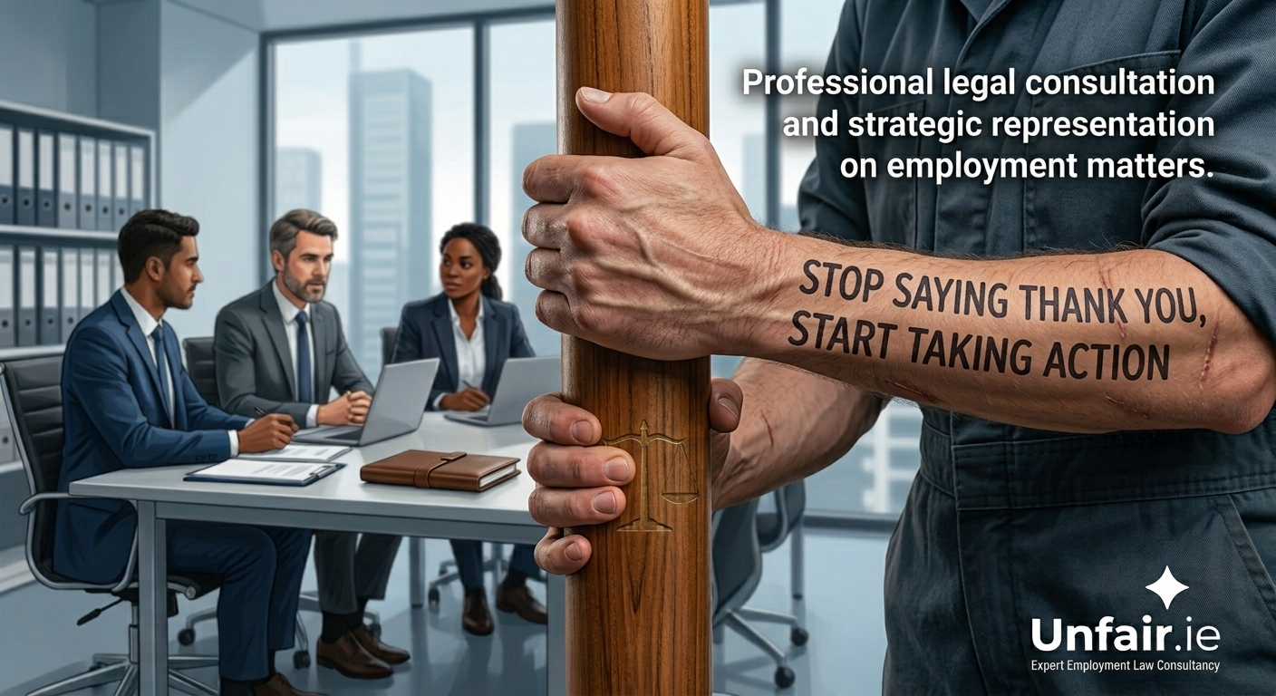 Hand gripping wooden gavel with “STOP SAYING THANK YOU, START TAKING ACTION” text, office meeting behind.