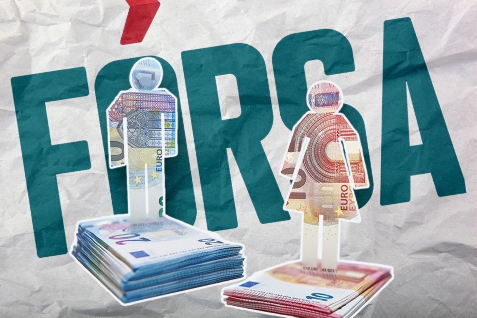 Green “C” letters over crumpled paper, with euro banknotes and cutout figures holding money.