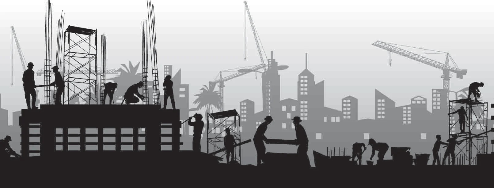 Silhouetted construction workers and cranes building a city skyline with scaffolding and steel beams.
