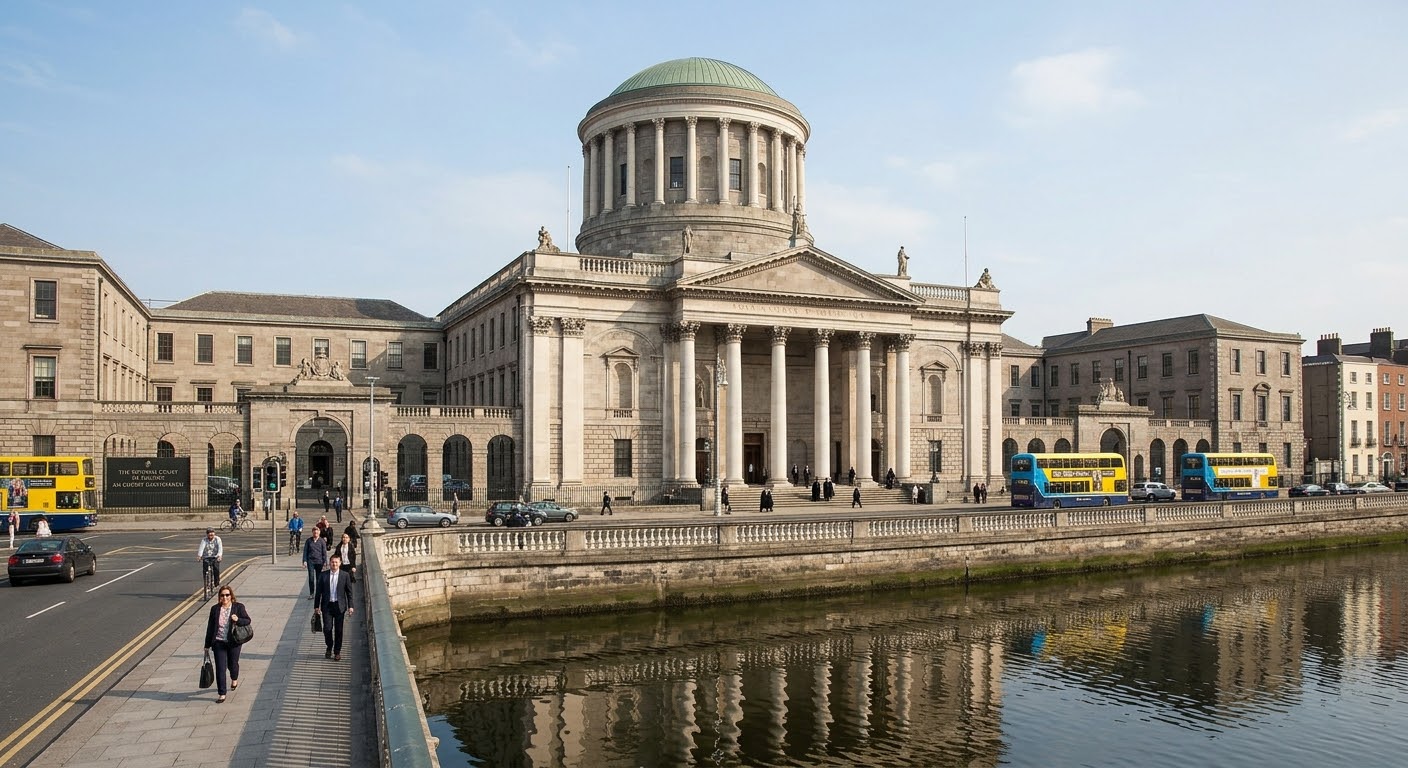 Historic neoclassical building with green dome, columns, and pedestrians along a riverside street.