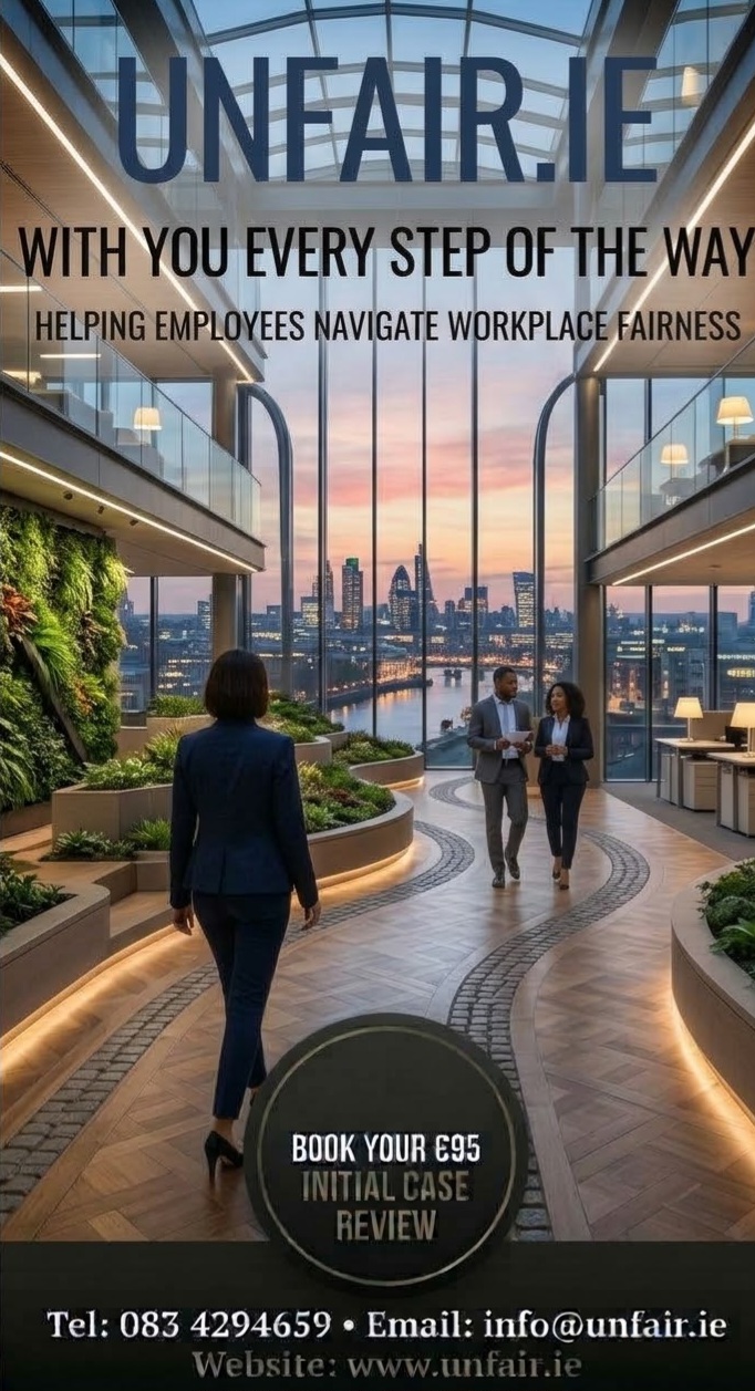 Office atrium with skyline view, professionals walking, and “UNFAIR IE” promotional text overlay.